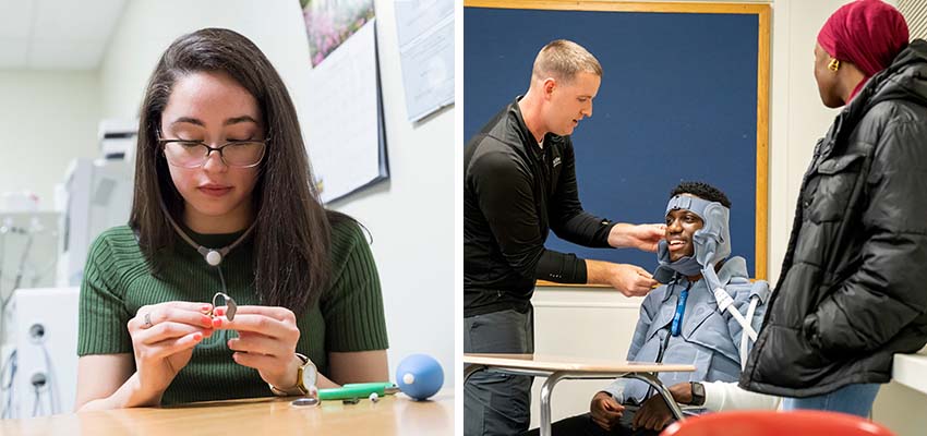 Students learning to repair hearing aid devices and trialing a pneumatic compression device for head and neck in clinic.