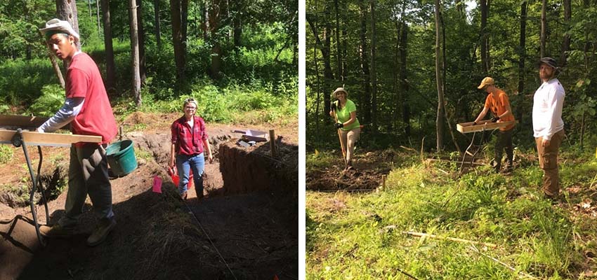 Archaeological students in the field with various shovels and tools