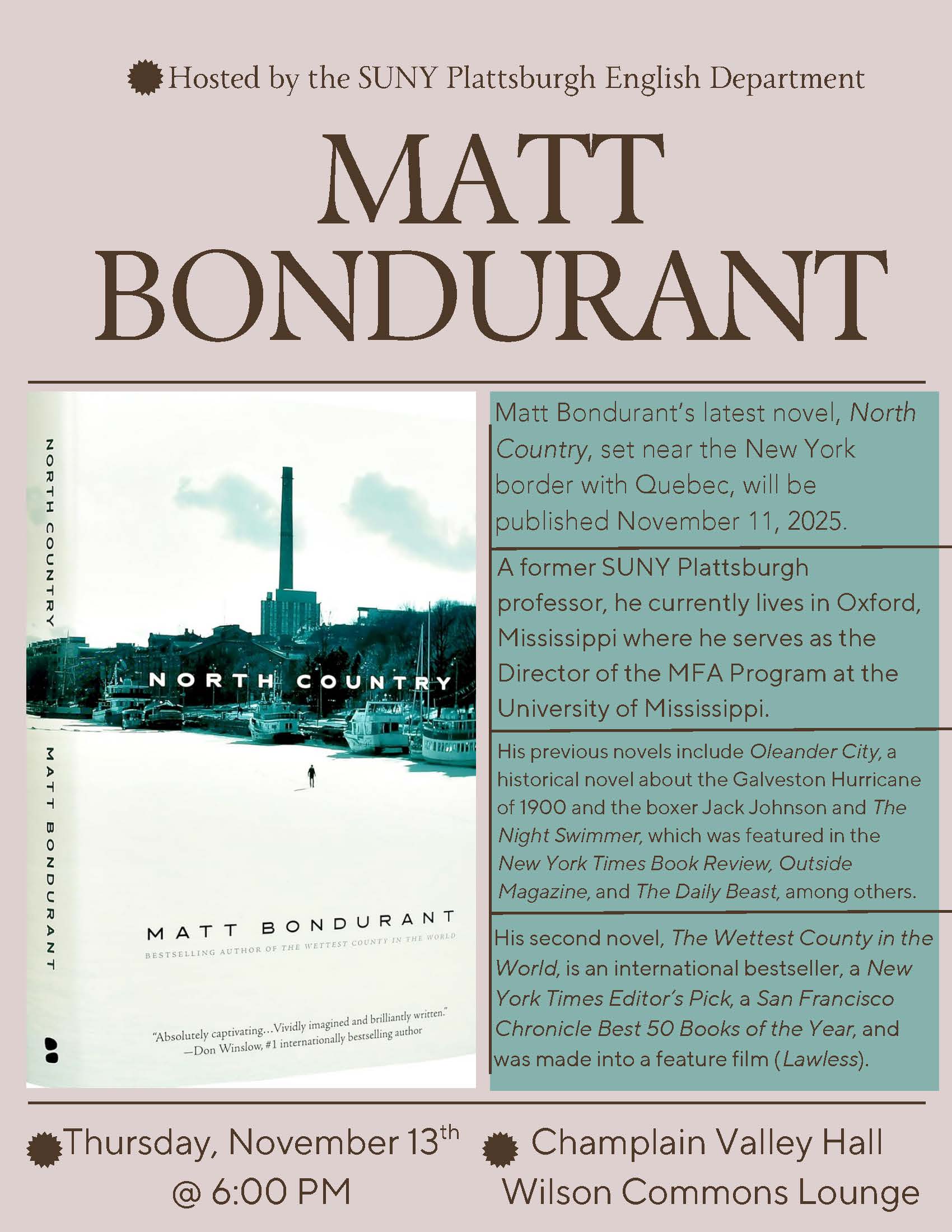 Poster for Matt Bondurant book kick-off event, Nov. 13 2025 at 6pm at CV Hall