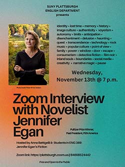 Zoom interview with novelist Jennifer Egan, Nov. 13 at 7 p.m.