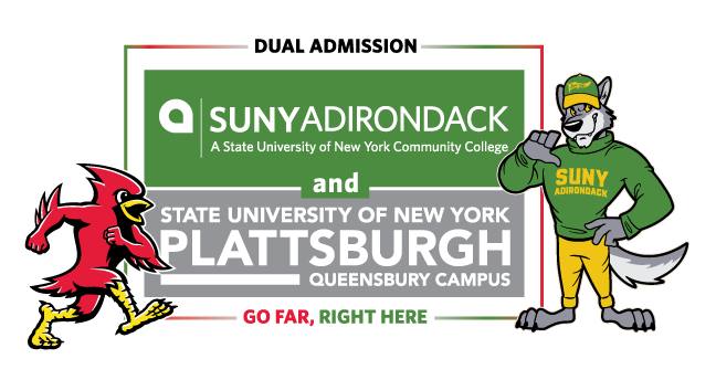SUNY Adirondack's "Eddy" and SUNY Plattsburgh's "Burghy" standing on either side of a dual admission horizontal logo.
