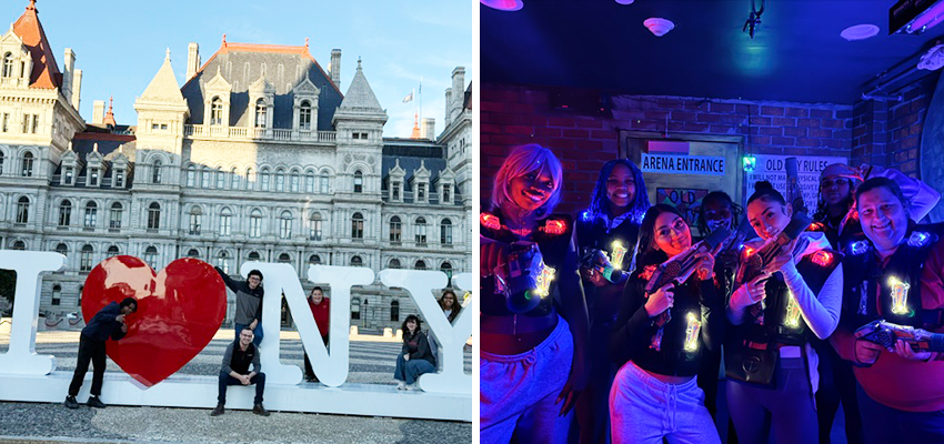 Two images showing students attending off-campus events