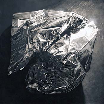 Large-scale charcoal and pastel drawing of an emergency blanket