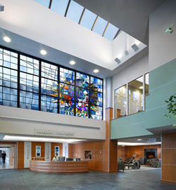 Interior of CVPH's main entrance and it's large stained glass window