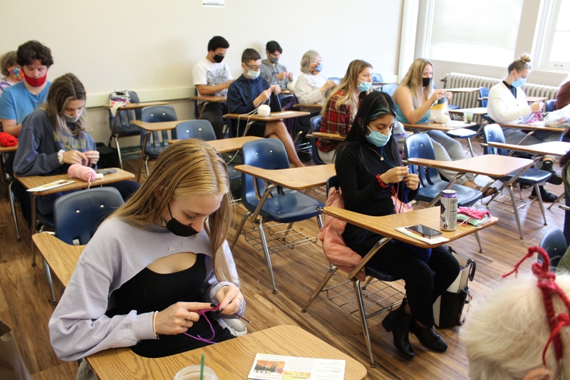students knitting