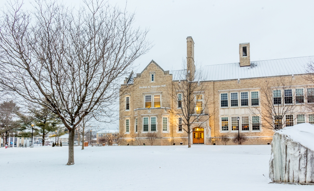 hawkins hall front snowy